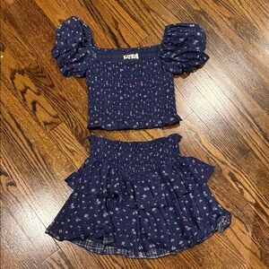 KatieJ Navy Floral Smocked croppedTop & Ruffled Skirt Set